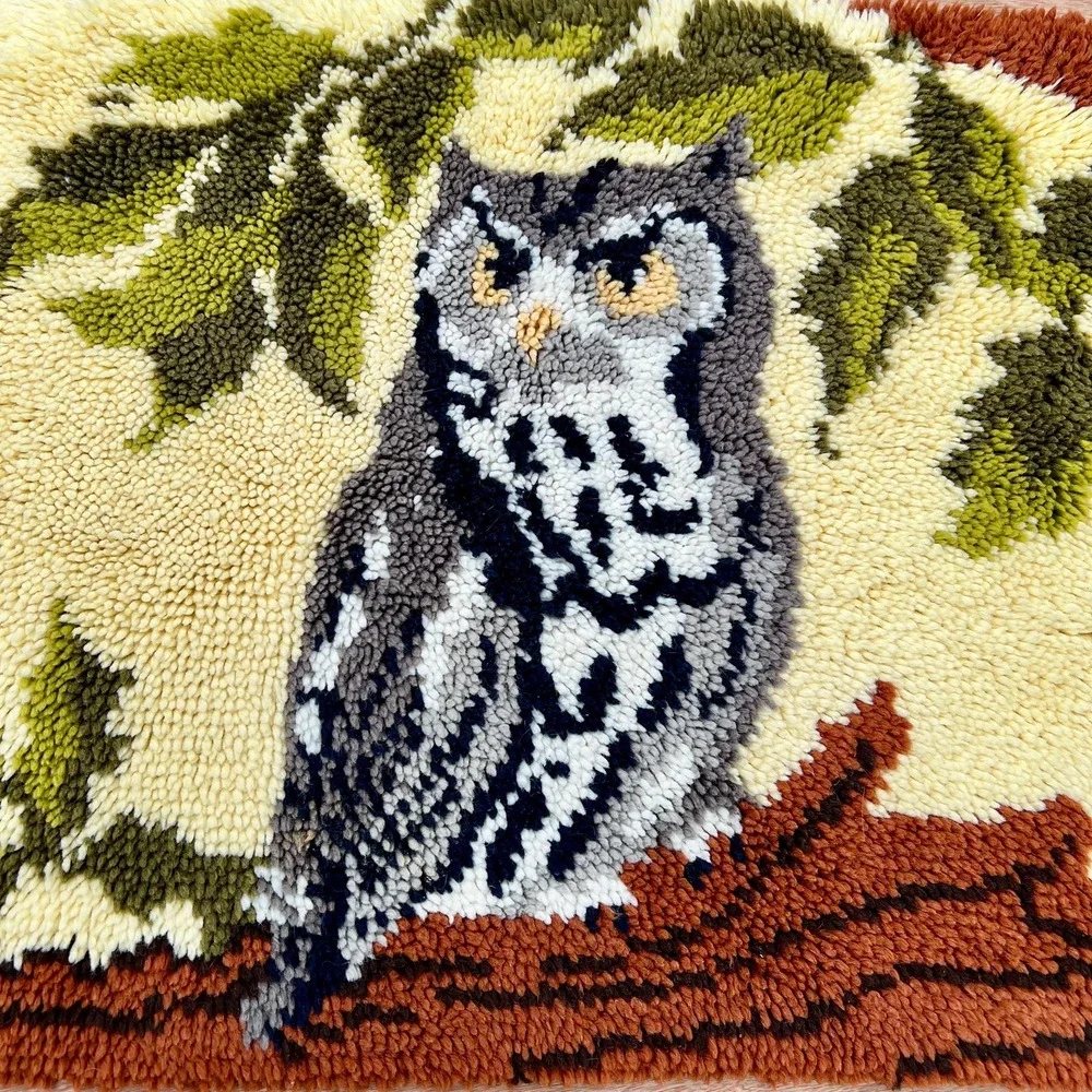 Vintage MCM 1970s Latch Hook Owl Rug or Wall Decor